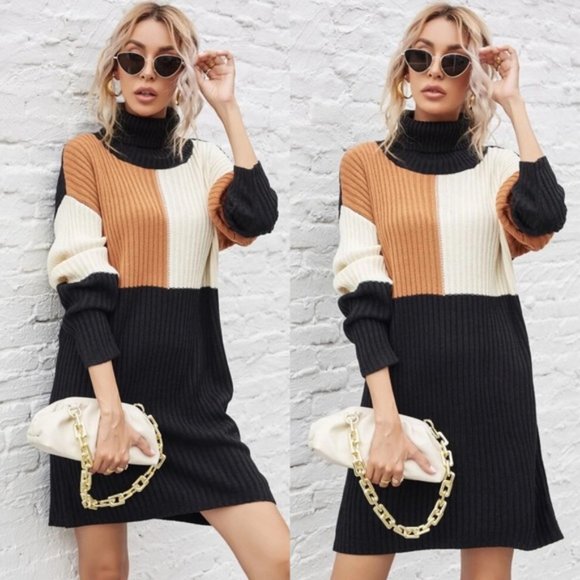 🔥TURTLENECK COLOR BLOCK SWEATER DRESS - Picture 2 of 3